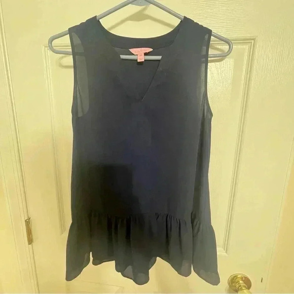 Lilly Pulitzer Gramercy Sleeveless Peplum Ruffle Blouse True Navy M XXS - Picture 3 of 9